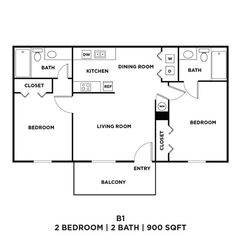 A black and white image of a floor plan for a 2 bedroom, 2 bathroom apartment.
